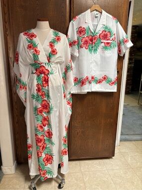 White Floral Maxi Dress and Matching Hawaiian Shirt - Red & Green Hibiscus Print
